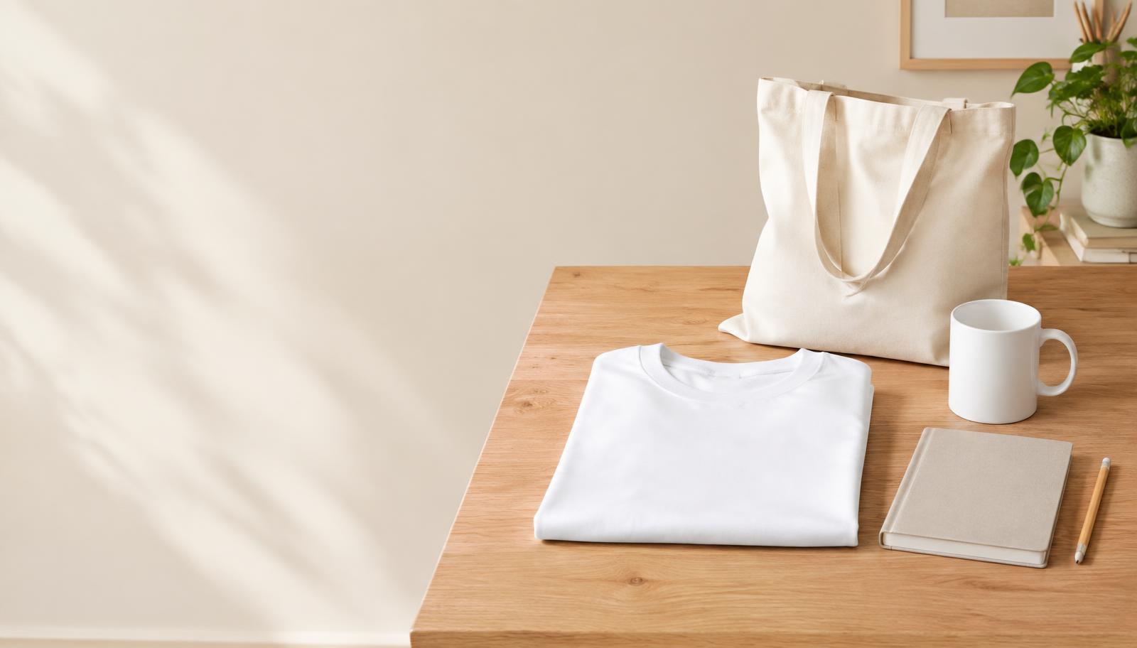 Blank tote bag, T-shirt, and mug ready for promotional product ideas
